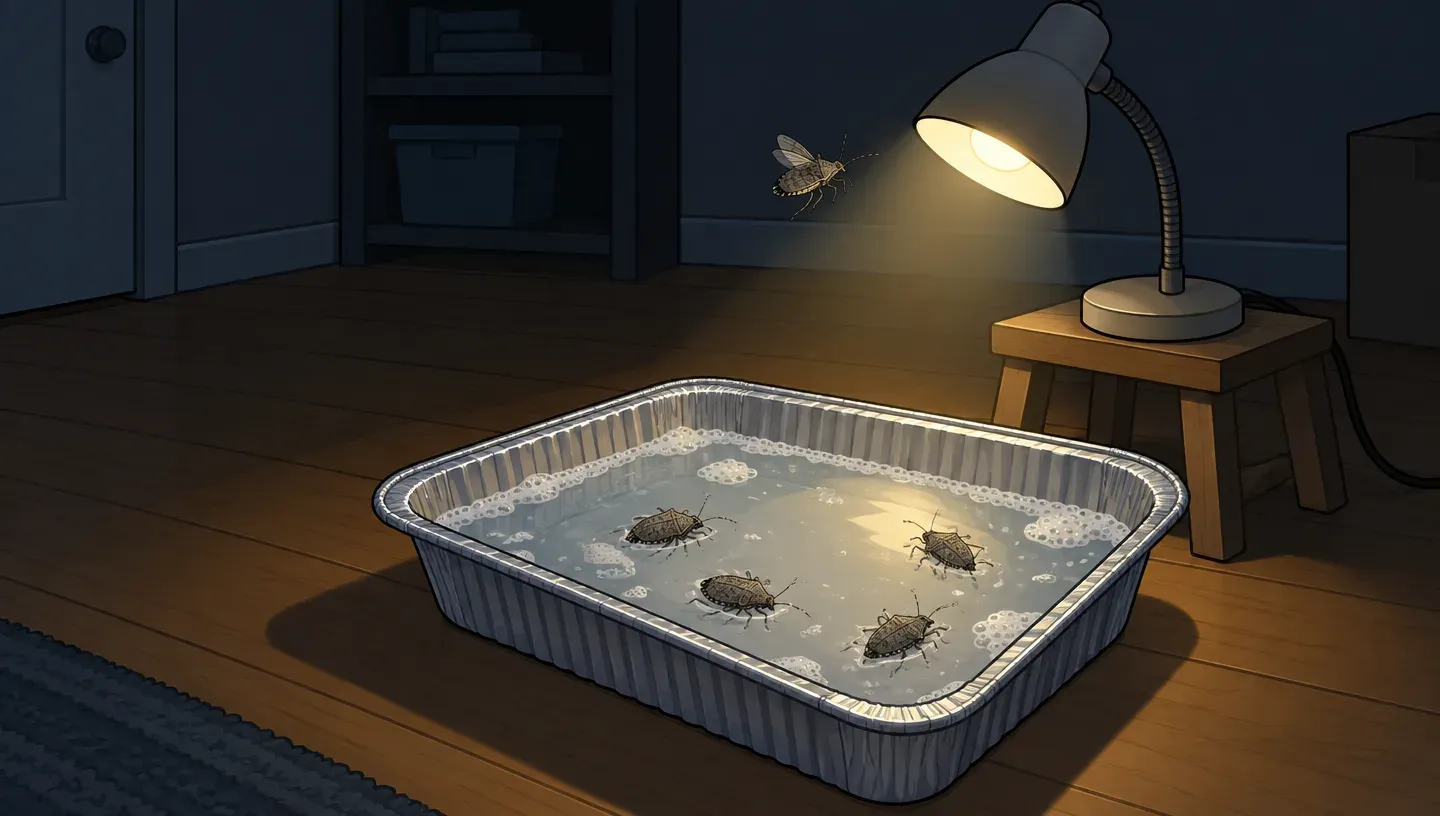 A foil roasting pan of soapy water under a small desk lamp in a dark room, a few stink bugs floating in the water