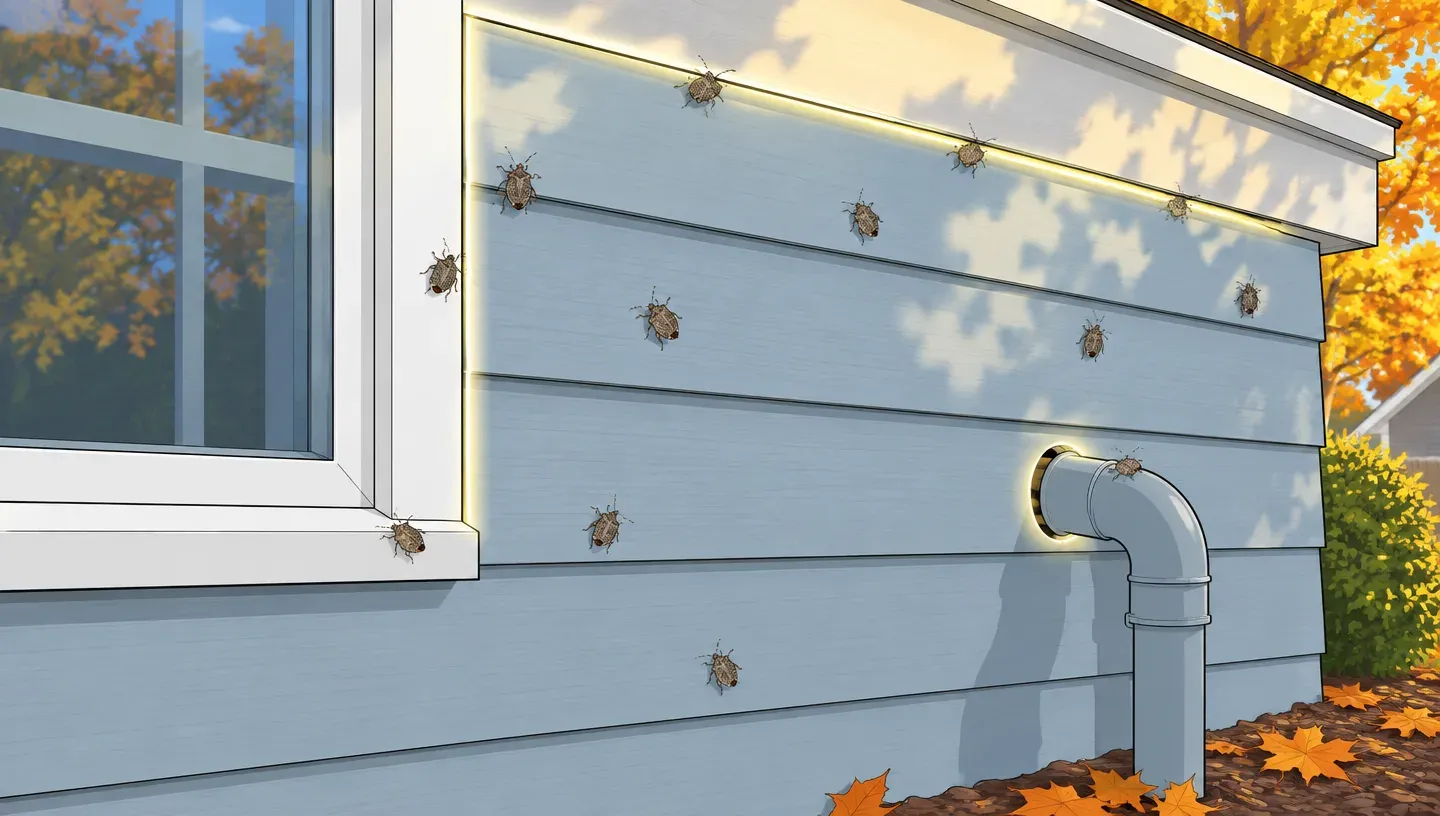 A sunny house wall in fall with a cluster of stink bugs on the siding and window frame, and small gaps around the window trim and a utility pipe