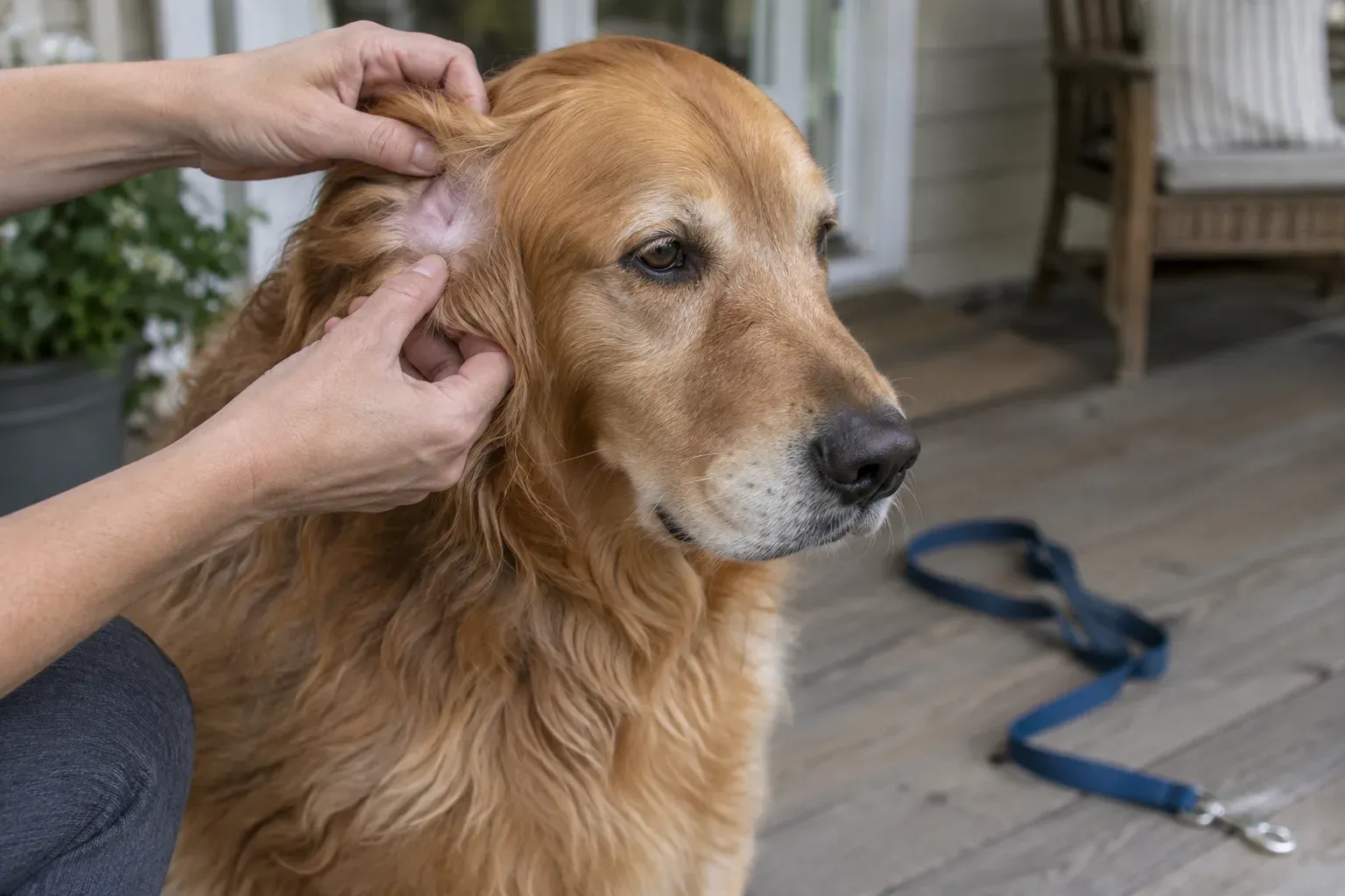 Two hands part the fur behind the ear of a golden retriever sitting on a back porch, checking its skin after a walk
