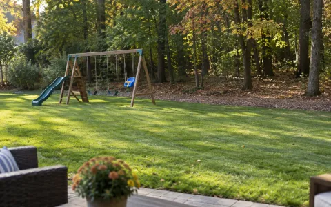 A backyard with a freshly mowed lawn, a strip of wood chips along the edge of the trees, and a swing set in the sunny middle of the lawn away from the woods.