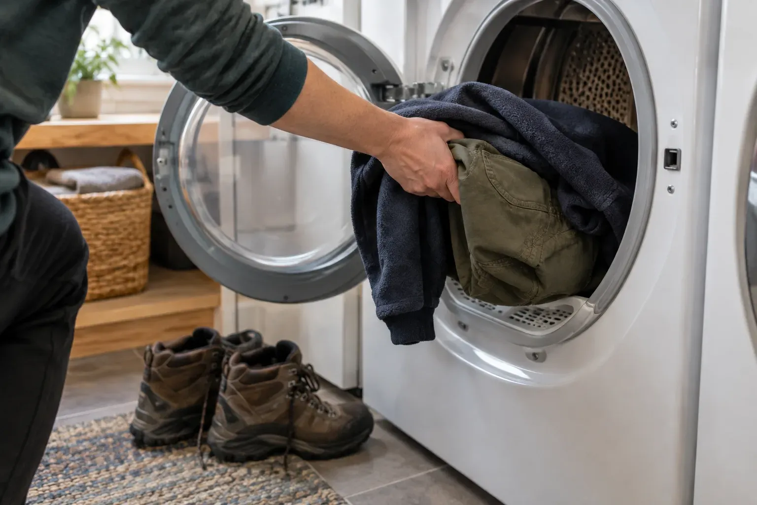 A hand loads hiking pants and a fleece jacket into an open clothes dryer, with hiking boots on the floor beside it