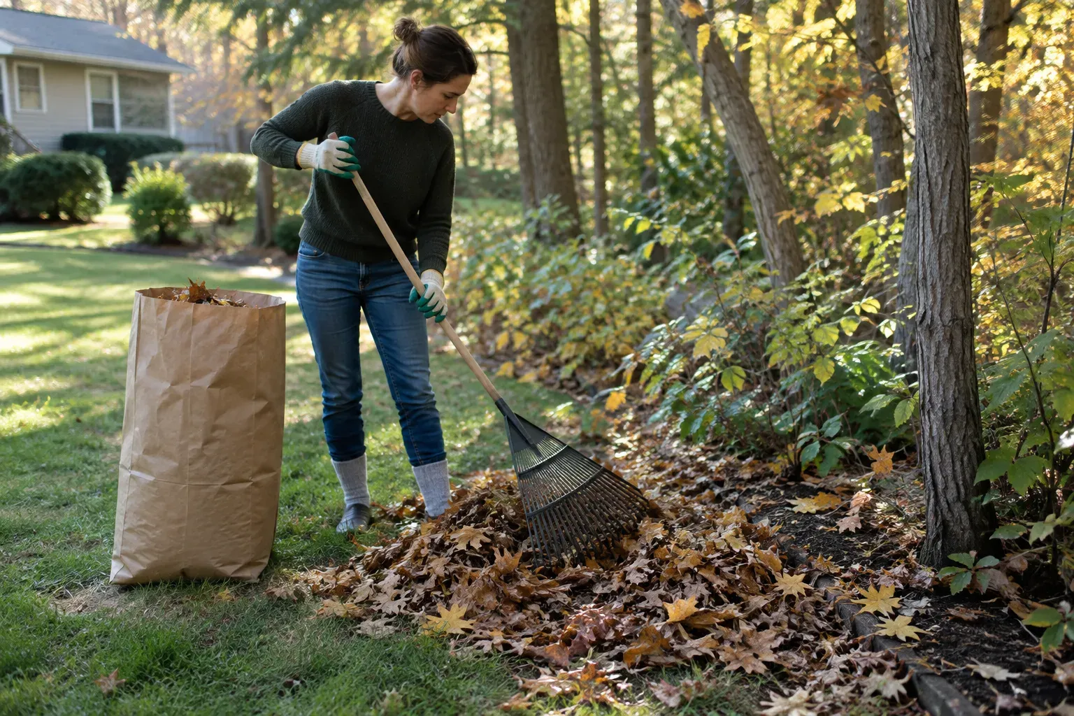 A person in long pants tucked into socks and garden gloves rakes dry leaves from the edge of a lawn near the trees into a paper yard-waste bag