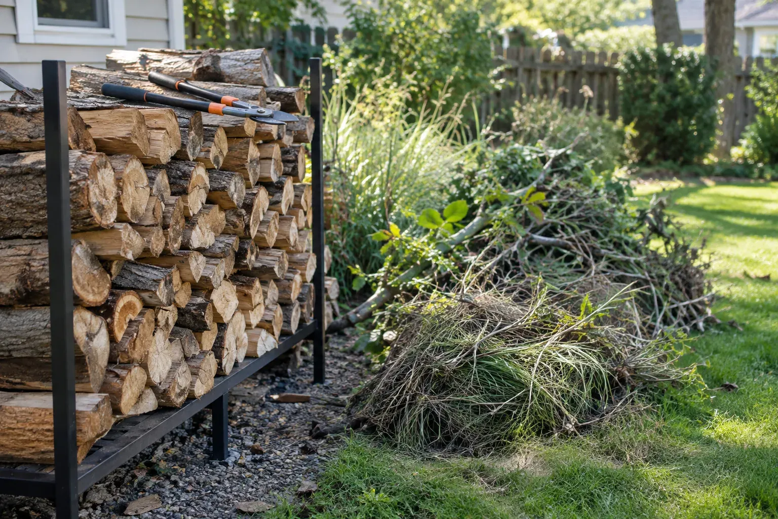 Firewood stacked neatly on a raised rack in a dry, sunny spot, next to a pile of cut-back brush and tall grass at the edge of a lawn