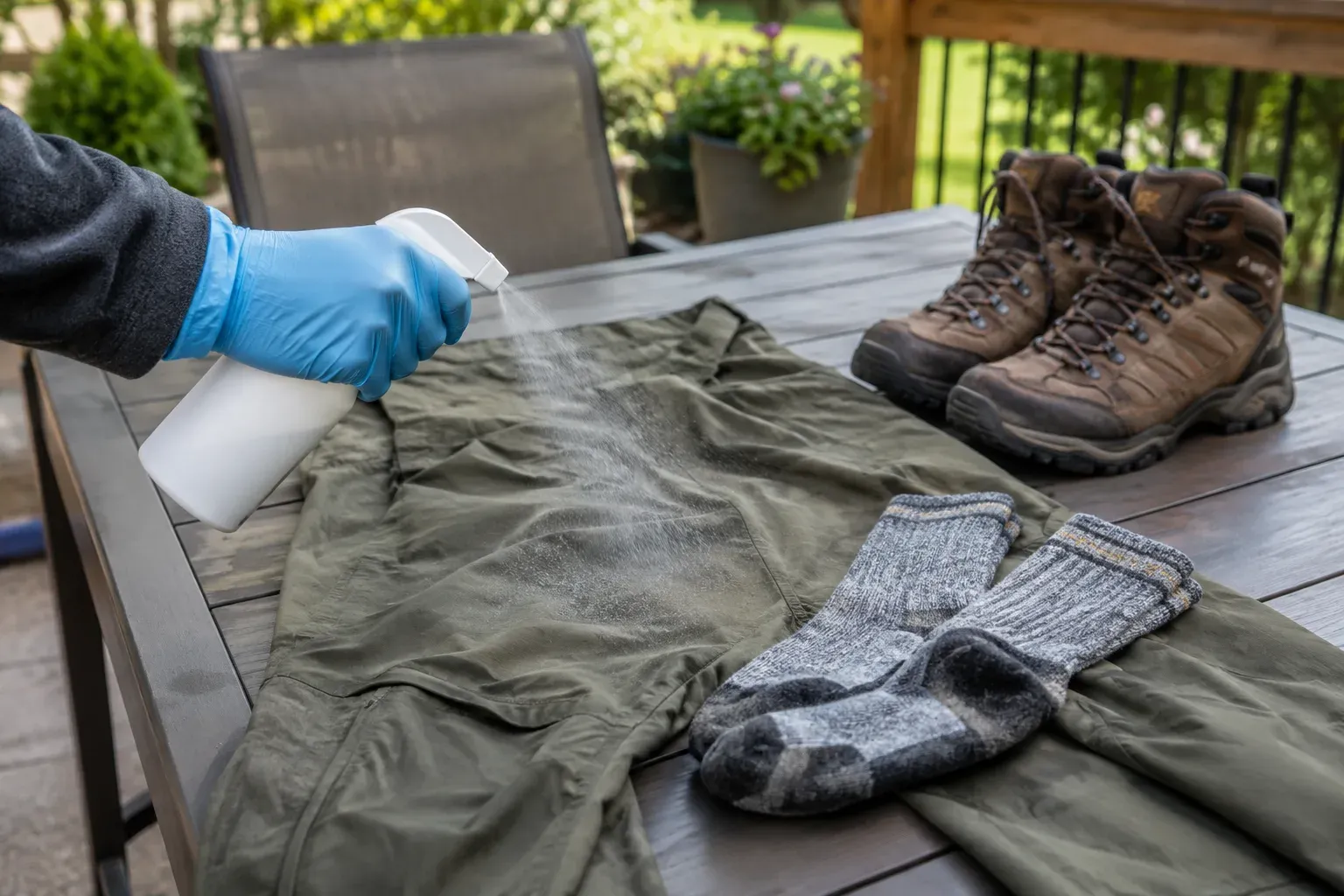 A gloved hand sprays a pair of hiking pants and socks laid flat on a patio table, with hiking boots beside them