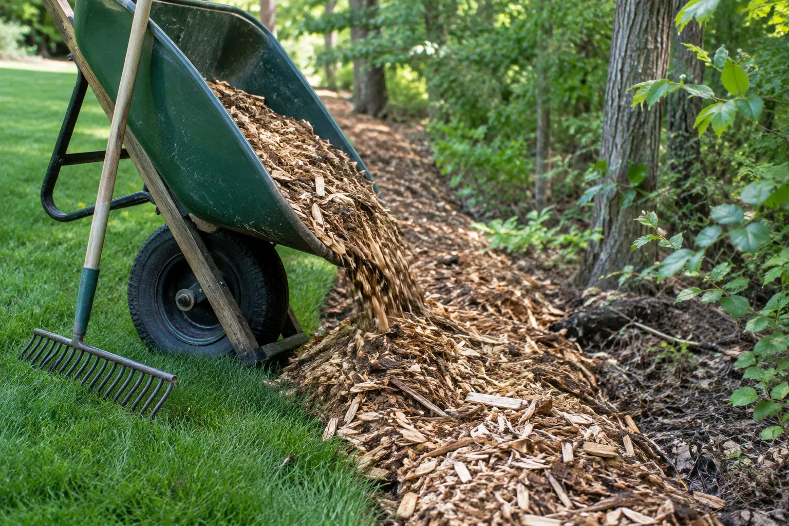A wheelbarrow tips fresh wood chips onto a strip along the border where a mowed lawn meets a wooded area, with a rake leaning on it