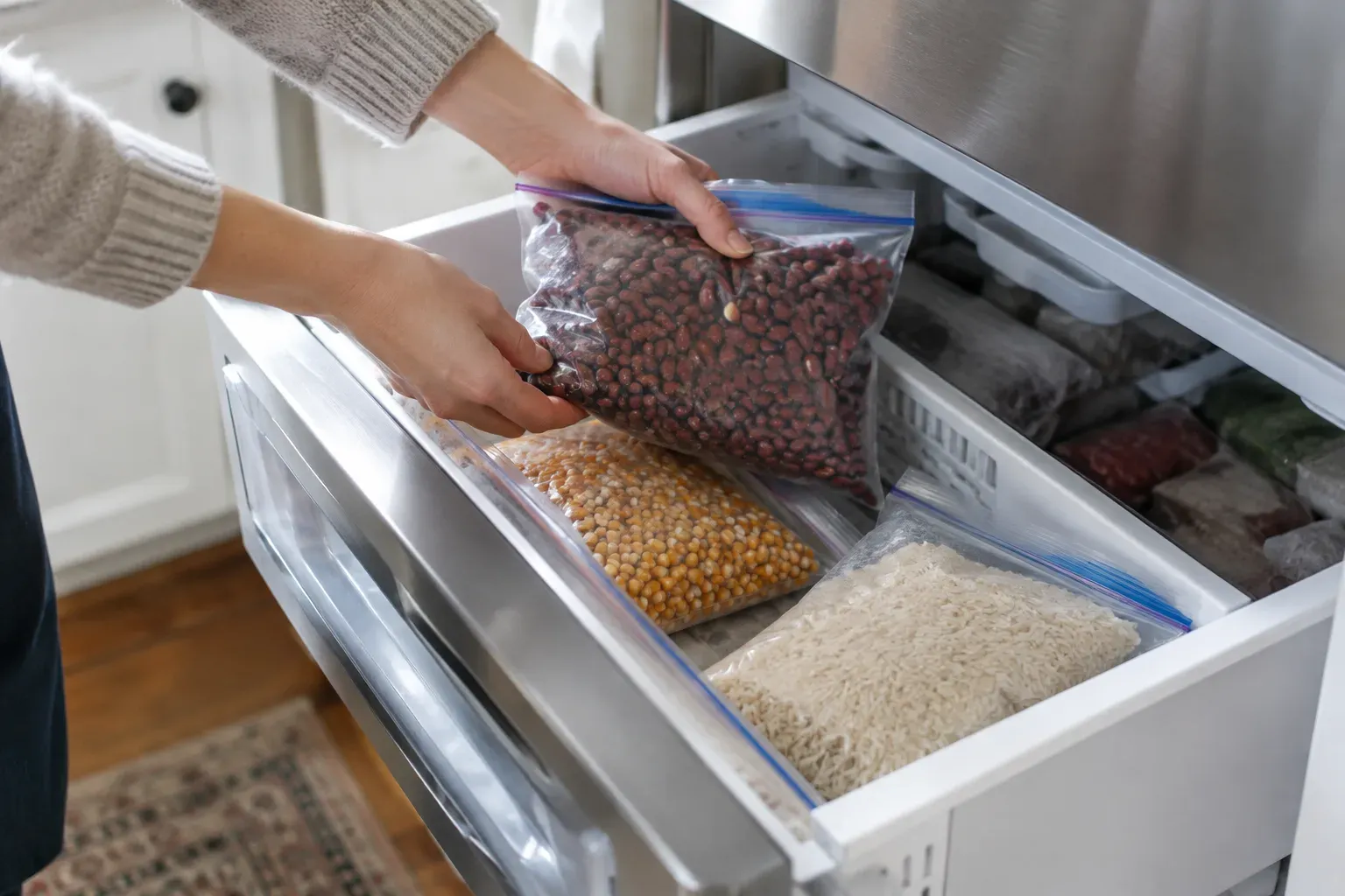 Hands place sealed bags of dried beans, popcorn kernels and rice into a kitchen freezer drawer