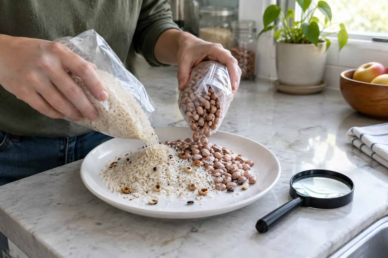 A person tips rice and dried beans from their bags onto a white plate on the counter to inspect them, with a magnifying glass beside the plate