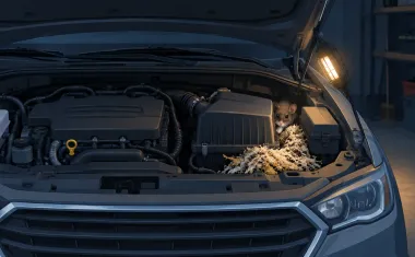 Illustration: open car hood seen from the front in a dim garage, revealing an engine bay with a small nest of shredded insulation near the air filter box and a mouse peeking out from behind it.