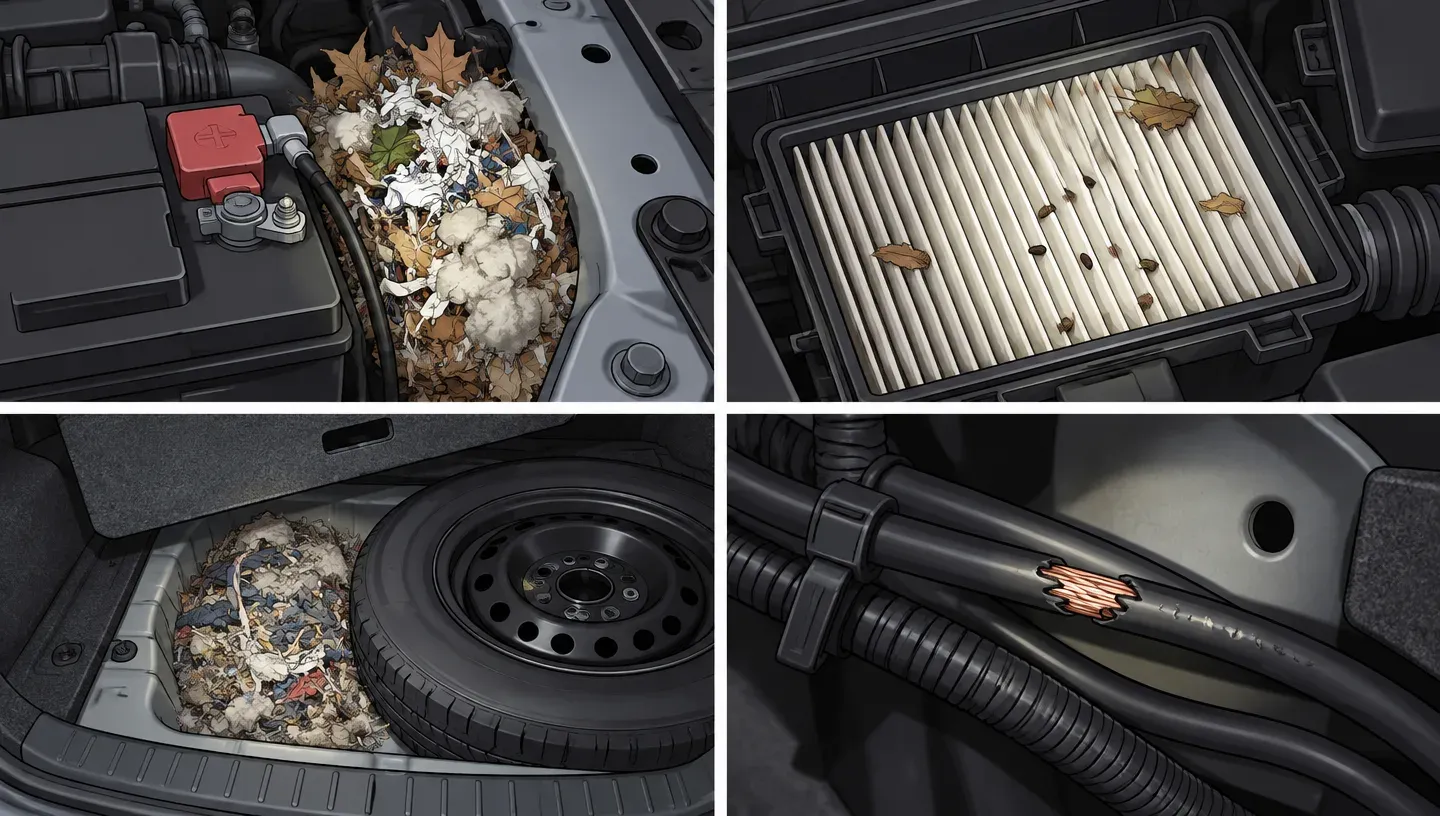 Four panels: a nest beside a car battery, droppings on an engine air filter, a nest in the spare tire well, and a chewed wire with exposed copper