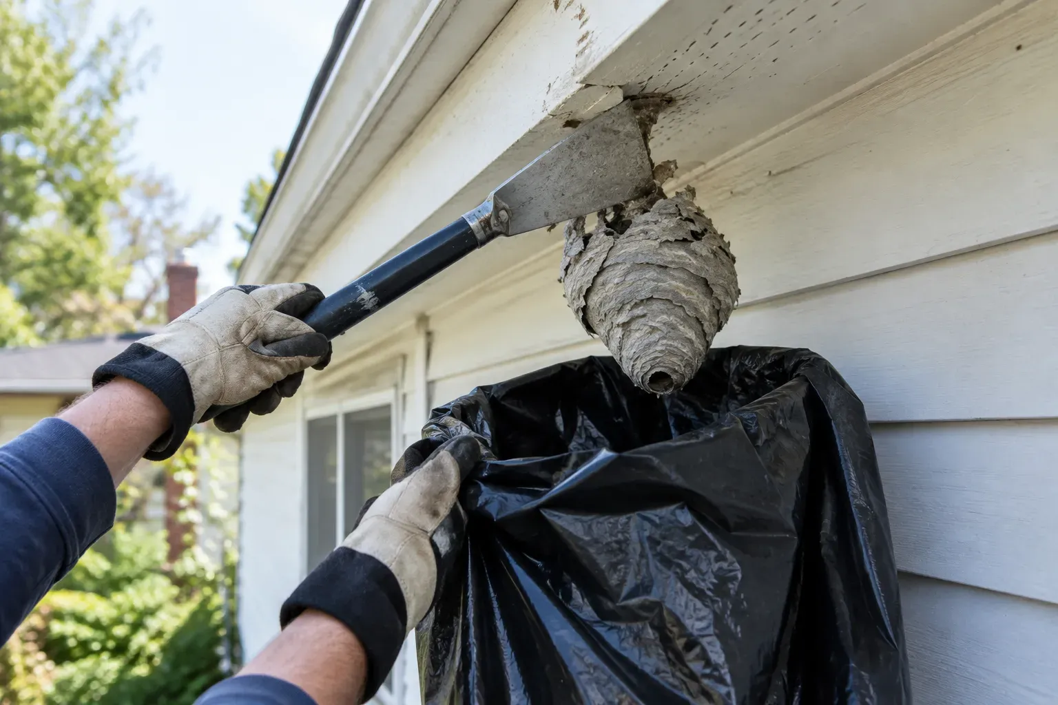 A gloved hand holds a black trash bag open under an empty gray wasp nest while the other hand scrapes it off a white eave with a long-handled scraper