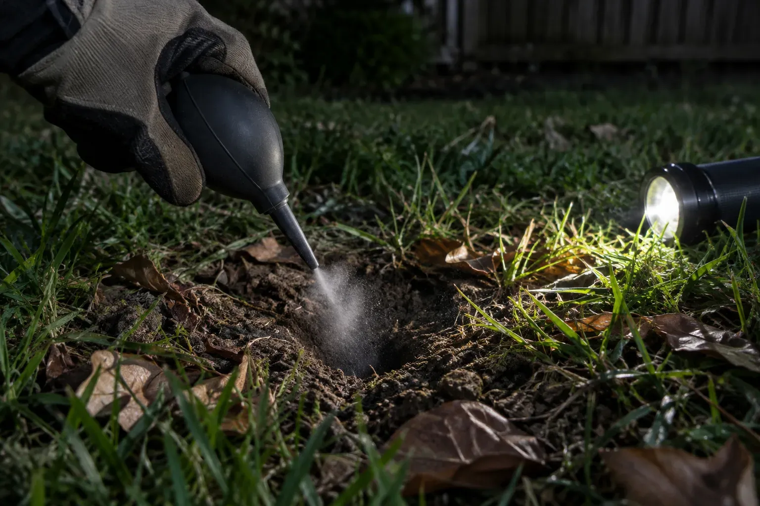 At night, a gloved hand squeezes a small black bellows duster to puff white dust into a hole in the lawn, lit from the side by a flashlight on the grass