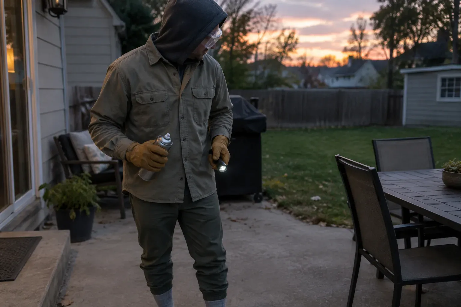An adult on a patio at dusk in a buttoned long-sleeved shirt, pants tucked into socks, work gloves, goggles and a raised hood, holding a spray can and a flashlight