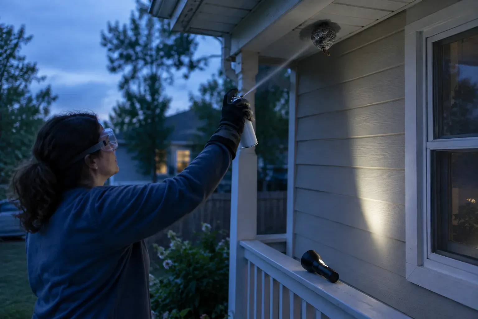 At dusk, a person in goggles and gloves stands beside a porch and sprays a thin jet from an aerosol can up at a small gray wasp nest under the eave, with a flashlight resting on the railing