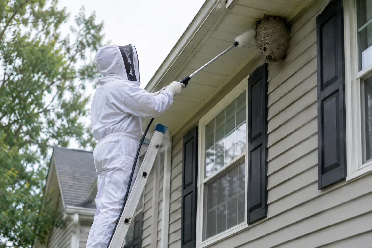 A technician in a full white bee suit on a ladder aims a long duster wand at a gray paper hornet nest under the eave of a house