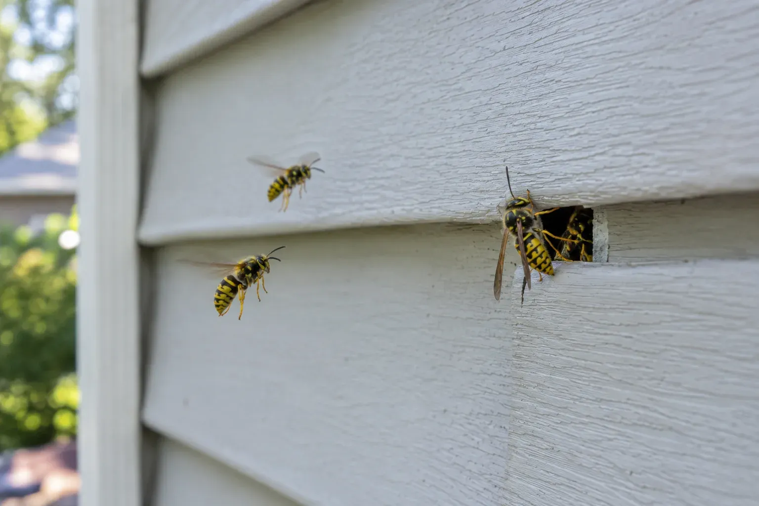 A few yellowjackets flying in and out of a small gap in gray vinyl siding