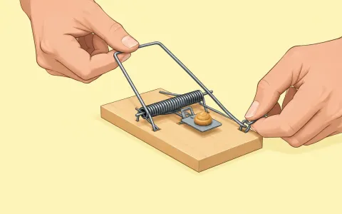Illustration: clear illustration of a wooden mouse snap trap being set: two hands pull back the bar and lock it, the bait pedal with a pea-size dab of peanut butter visible.