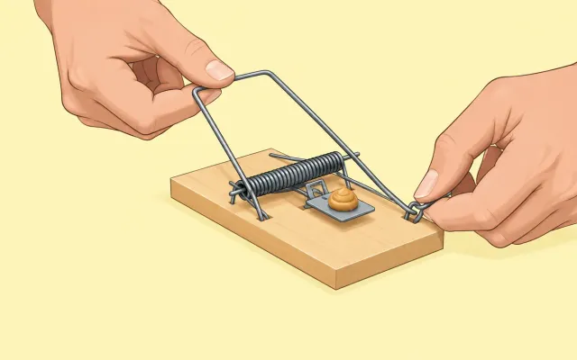 Illustration: clear illustration of a wooden mouse snap trap being set: two hands pull back the bar and lock it, the bait pedal with a pea-size dab of peanut butter visible.