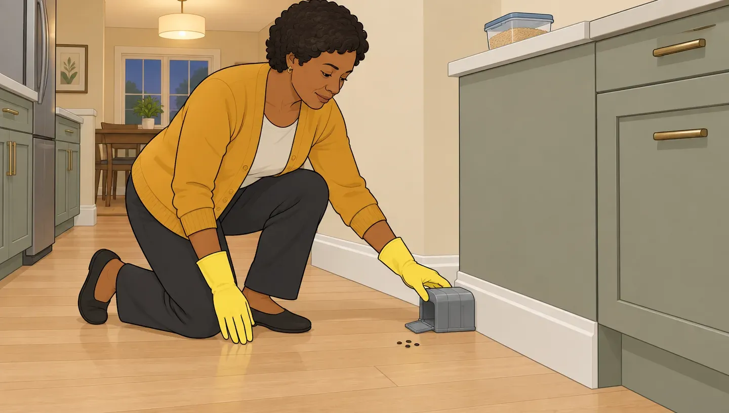 A woman in a mustard cardigan sets a covered live mouse trap against a kitchen baseboard beside a few droppings