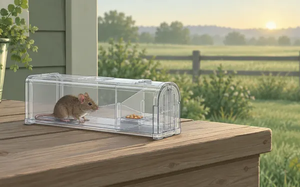 Illustration: clear plastic multi-catch live mouse trap with one small mouse inside, sitting on a wooden back-porch step at early morning, a field and fence softly blurred behind.