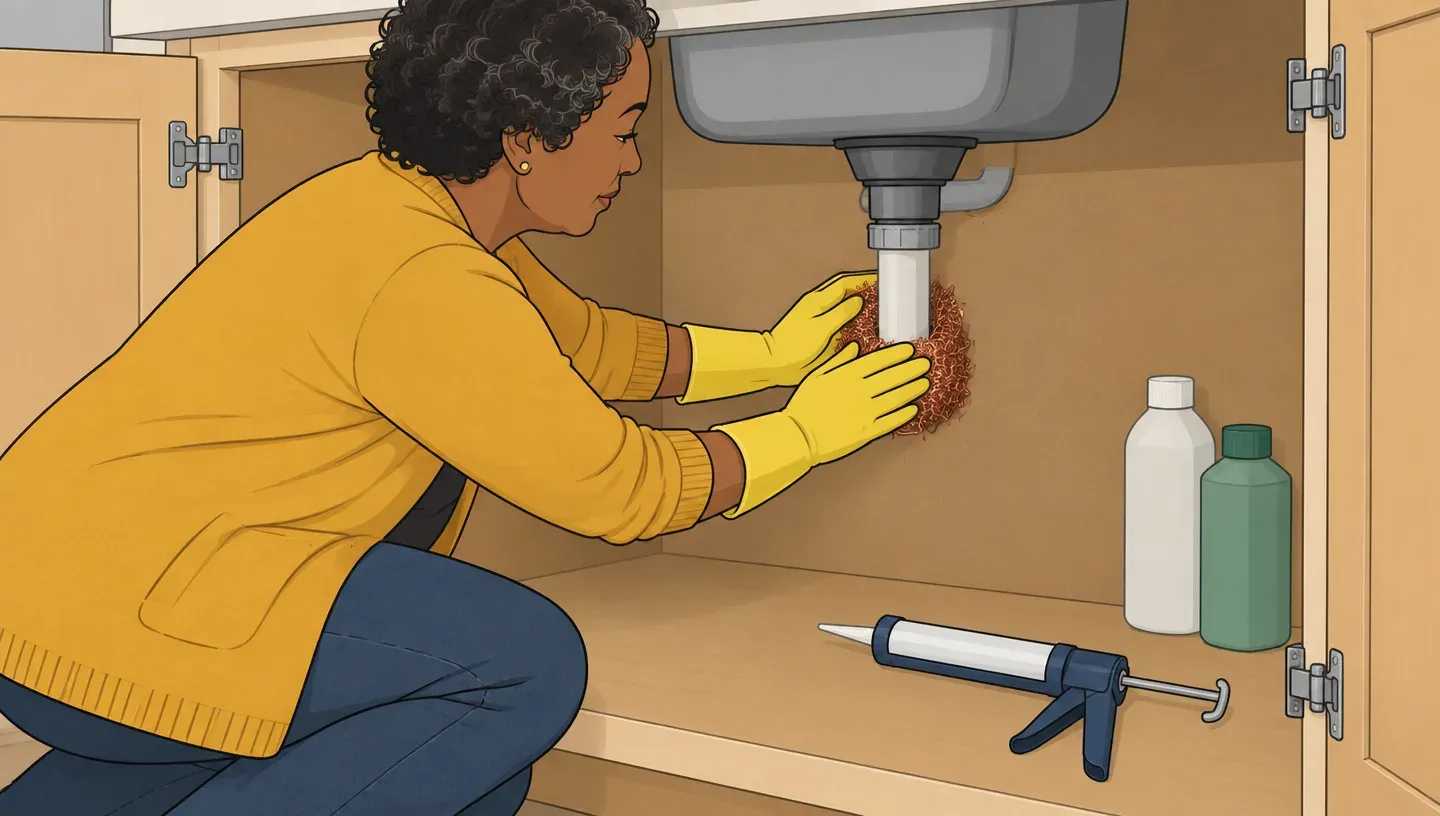 A woman in a mustard cardigan wearing yellow gloves presses copper mesh into a gap around a pipe under a kitchen sink