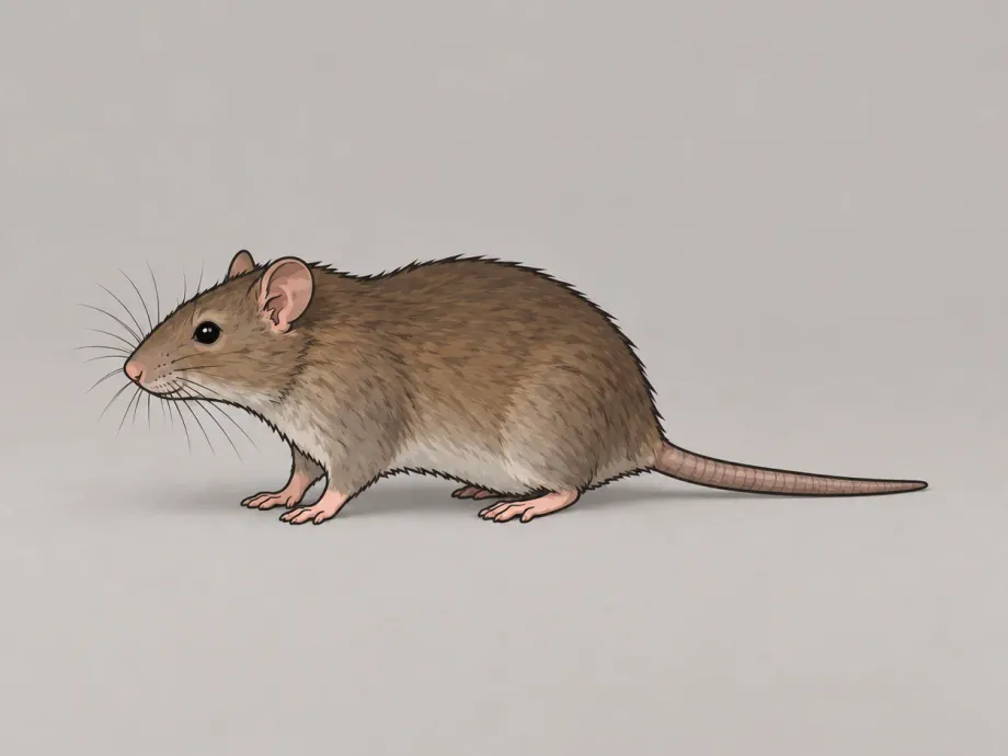 A Norway rat, side view, on a plain gray background