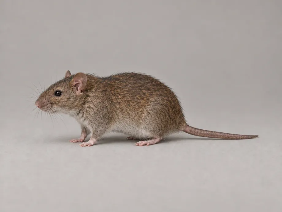 A Norway rat, side view, on a plain gray background