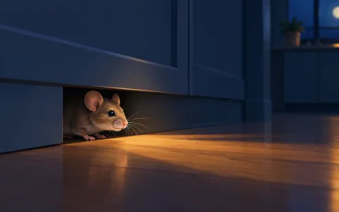 Illustration: single house mouse peeking out from a small gap under a kitchen baseboard at night, whiskers lit by a soft beam of light from the room.