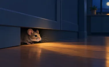 Illustration: single house mouse peeking out from a small gap under a kitchen baseboard at night, whiskers lit by a soft beam of light from the room.