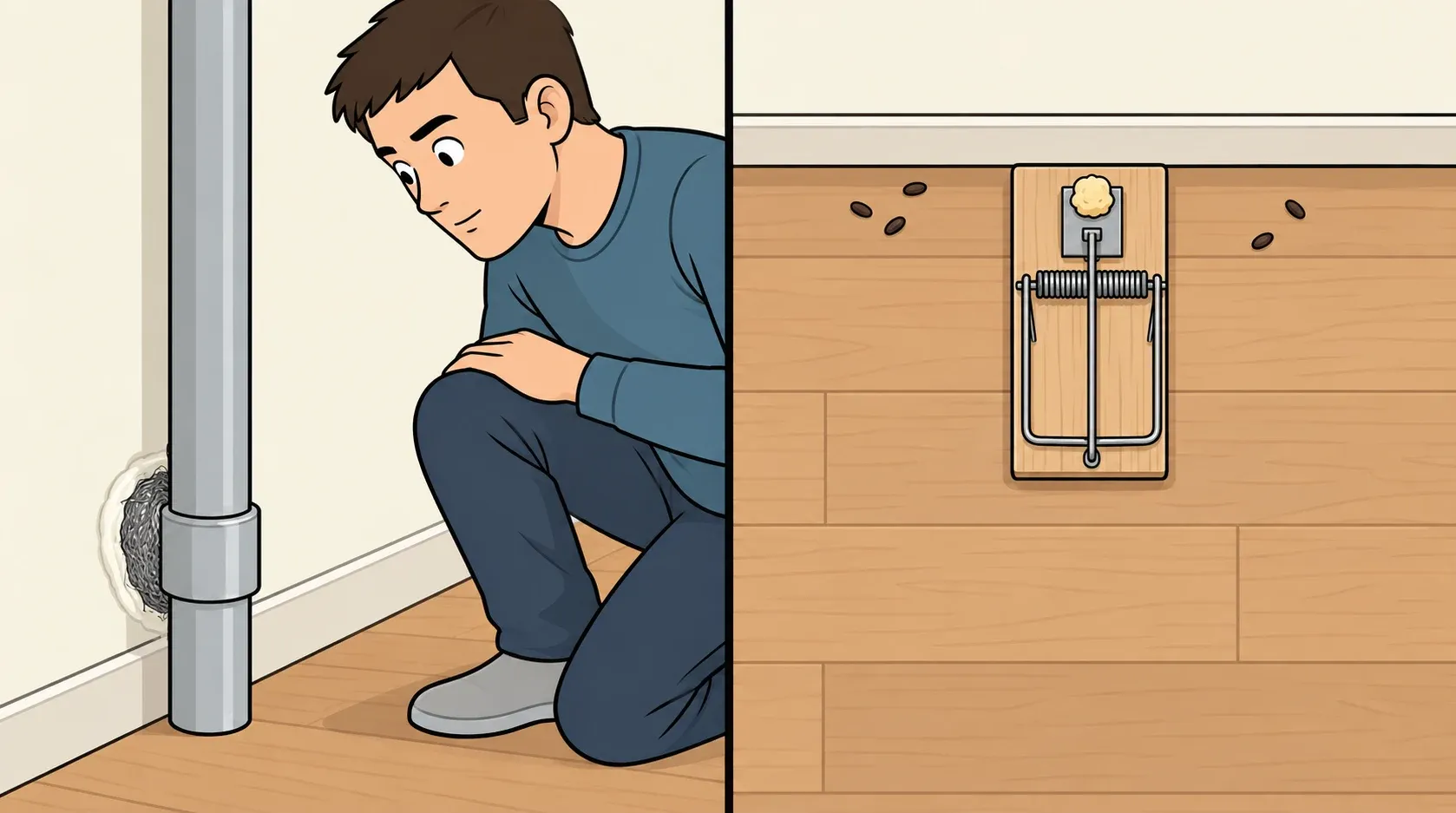 A pipe gap is packed with steel wool and caulk; a top-down view shows a snap trap with its baited end against the wall near mouse droppings