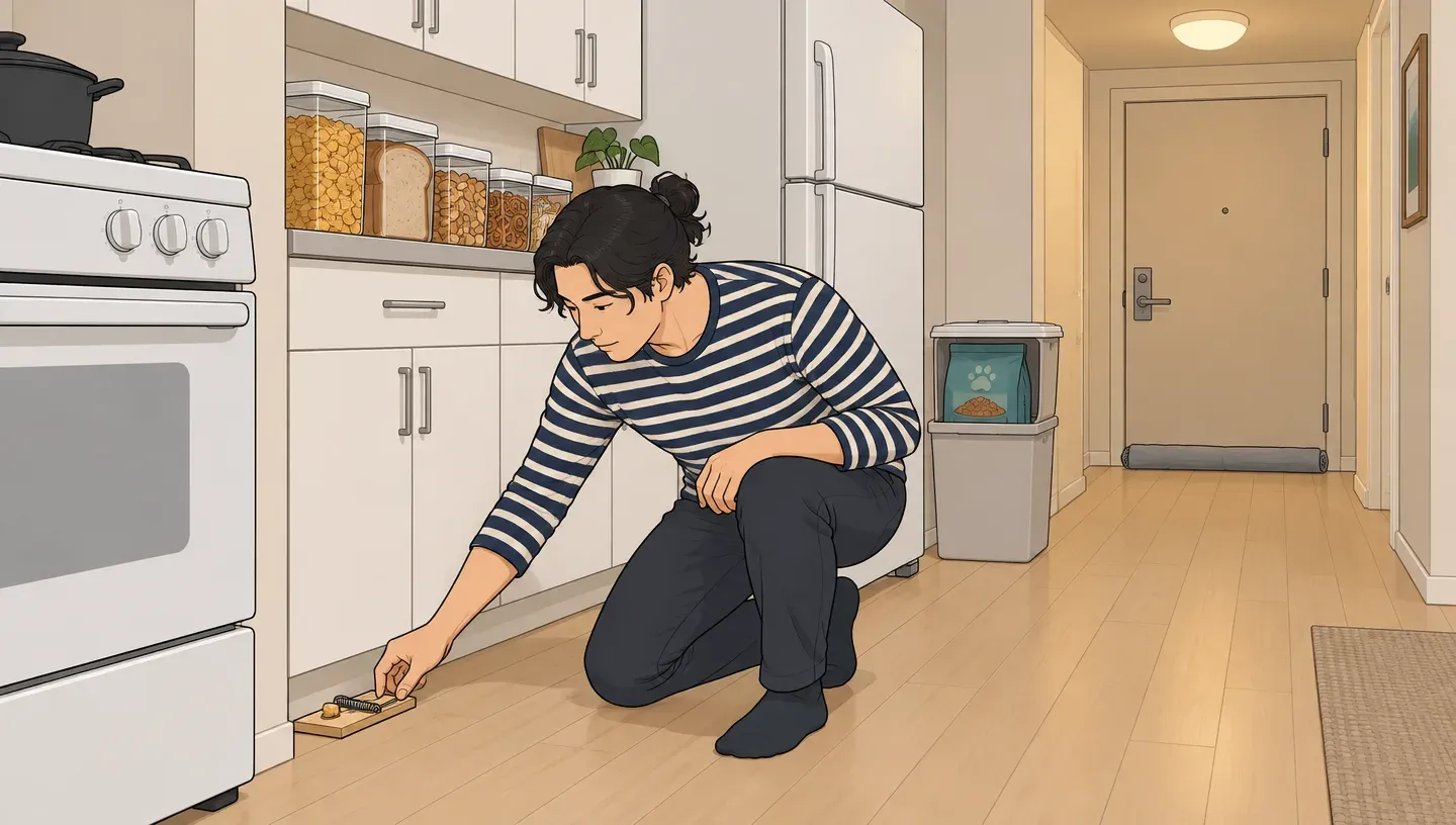 A man kneels in a small apartment kitchen and slides a snap trap against the wall beside the stove