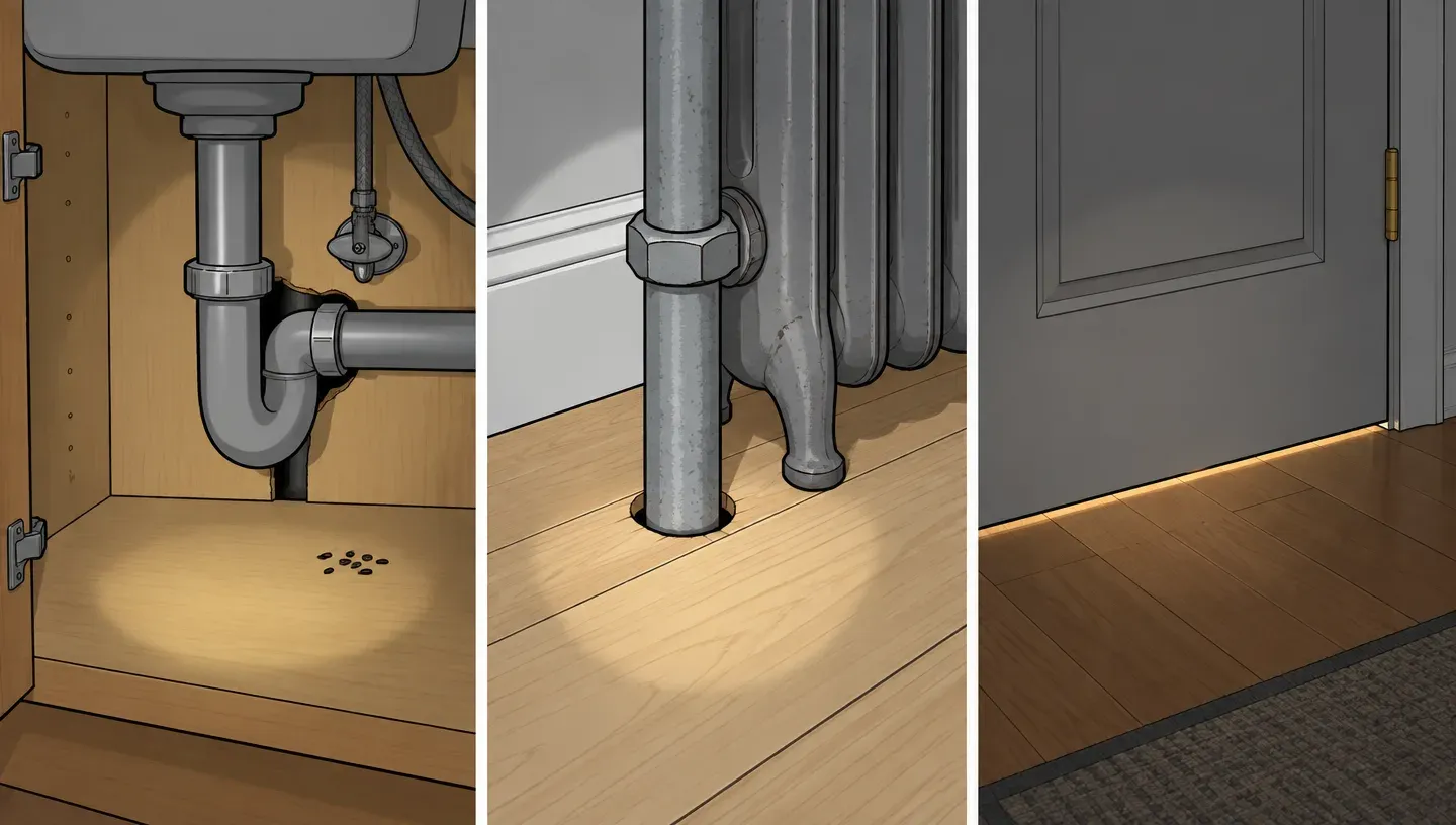 Three panels: a gap around pipes under an apartment kitchen sink, a gap around a radiator pipe, and light under a front door