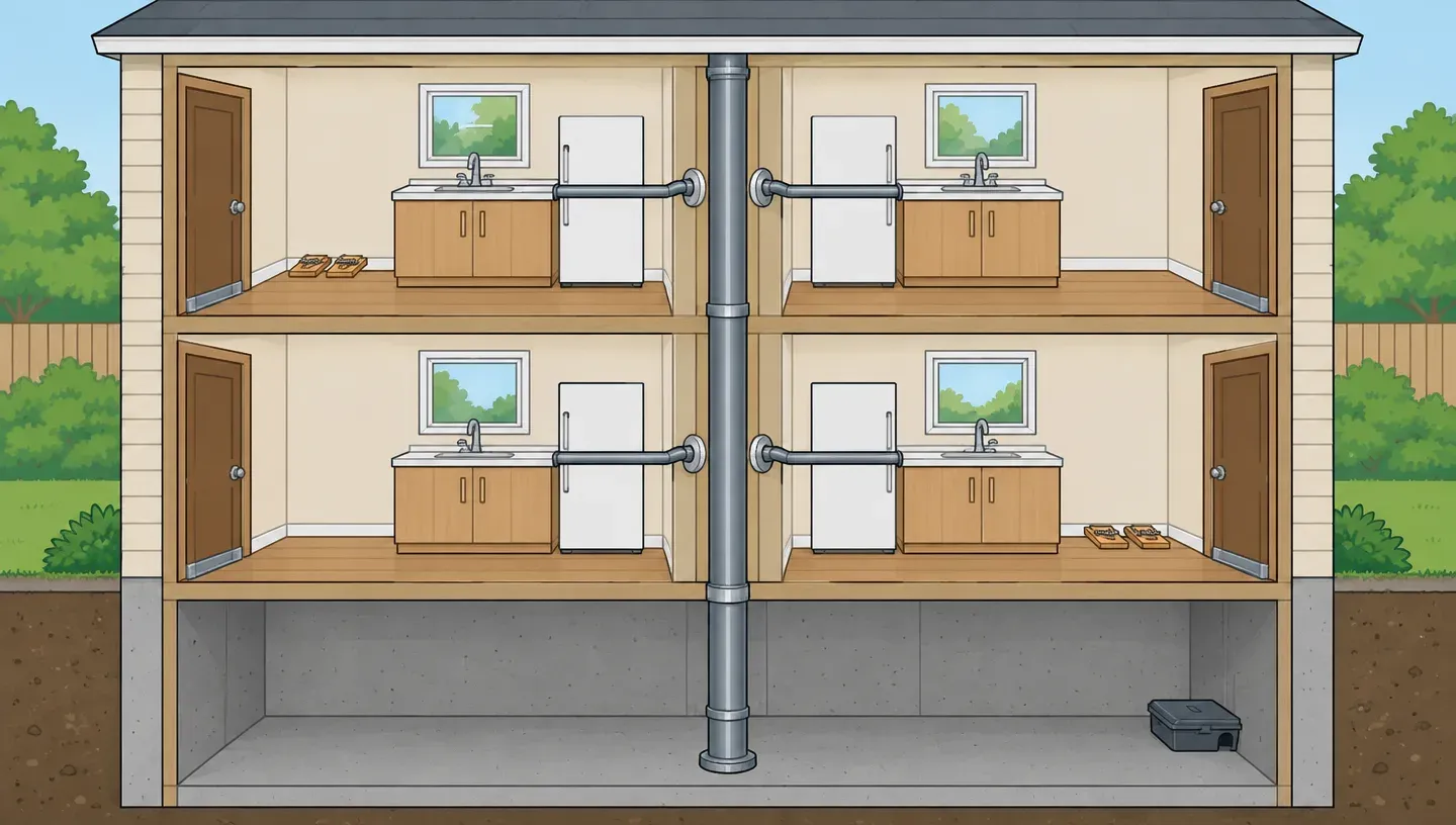 Cutaway of a four-unit apartment building with a shared pipe running up through the kitchens, snap traps and pipe collars in several units