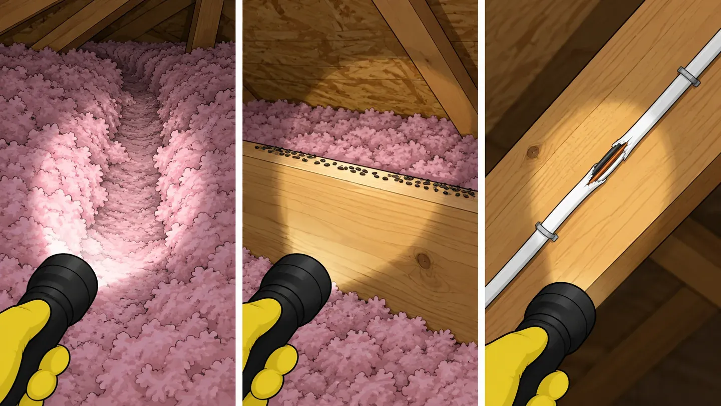 Three panels lit by a flashlight: a tunnel trail through loose attic insulation, small dark droppings along the top of a joist, and a cable stapled to a rafter with its plastic sheath gnawed through