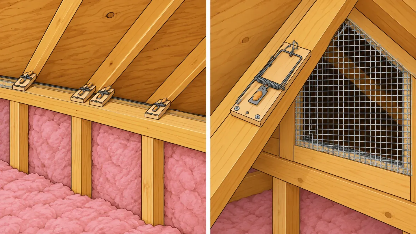 Two panels: small wooden snap traps set in a line on the top plate where the roof meets the outside wall, and a rat snap trap screwed to a rafter beside a gable vent covered with wire mesh