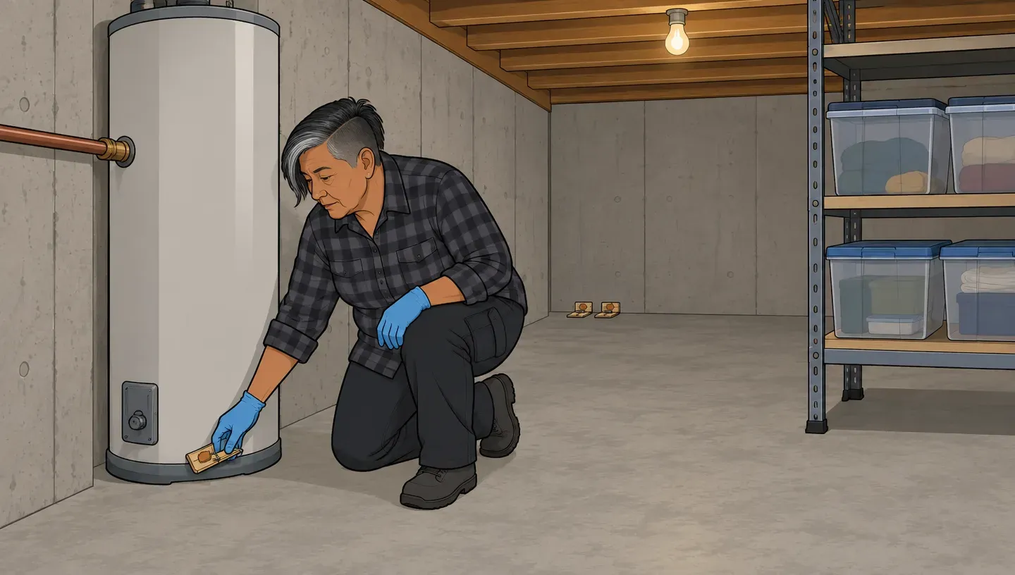 An older woman sets a snap trap against a basement wall next to the water heater