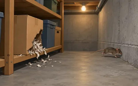 Illustration: dim basement with storage boxes on a shelf, one cardboard box with a chewed corner and shredded paper spilling out, a mouse running along the foundation wall.
