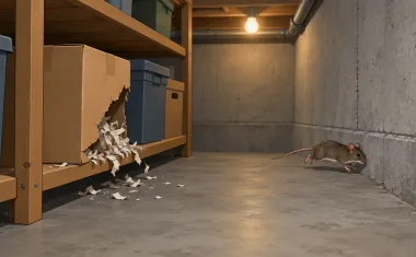 Illustration: dim basement with storage boxes on a shelf, one cardboard box with a chewed corner and shredded paper spilling out, a mouse running along the foundation wall.