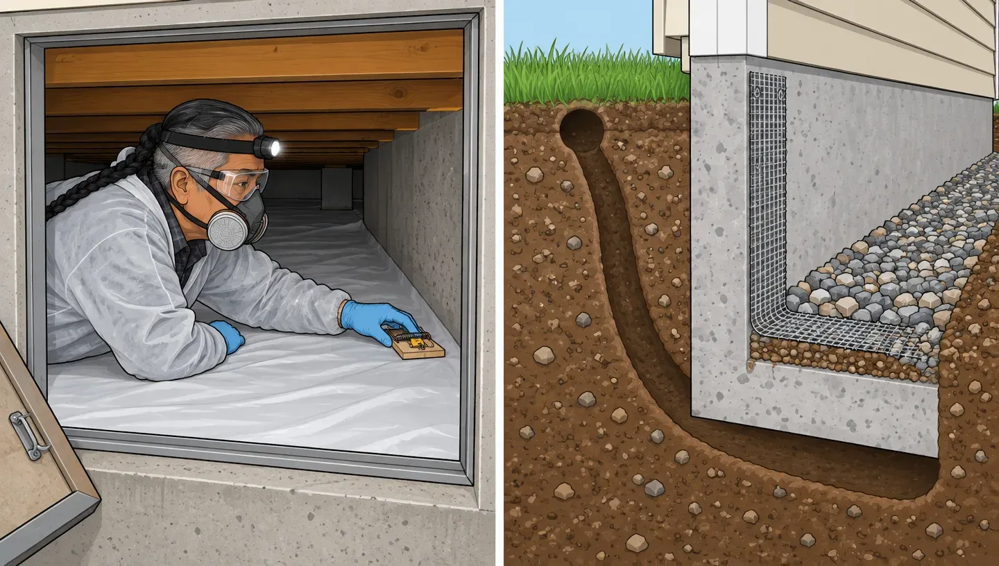 An older woman in a respirator sets a trap inside a crawl space hatch, and a rat burrow blocked by an L-shaped mesh barrier