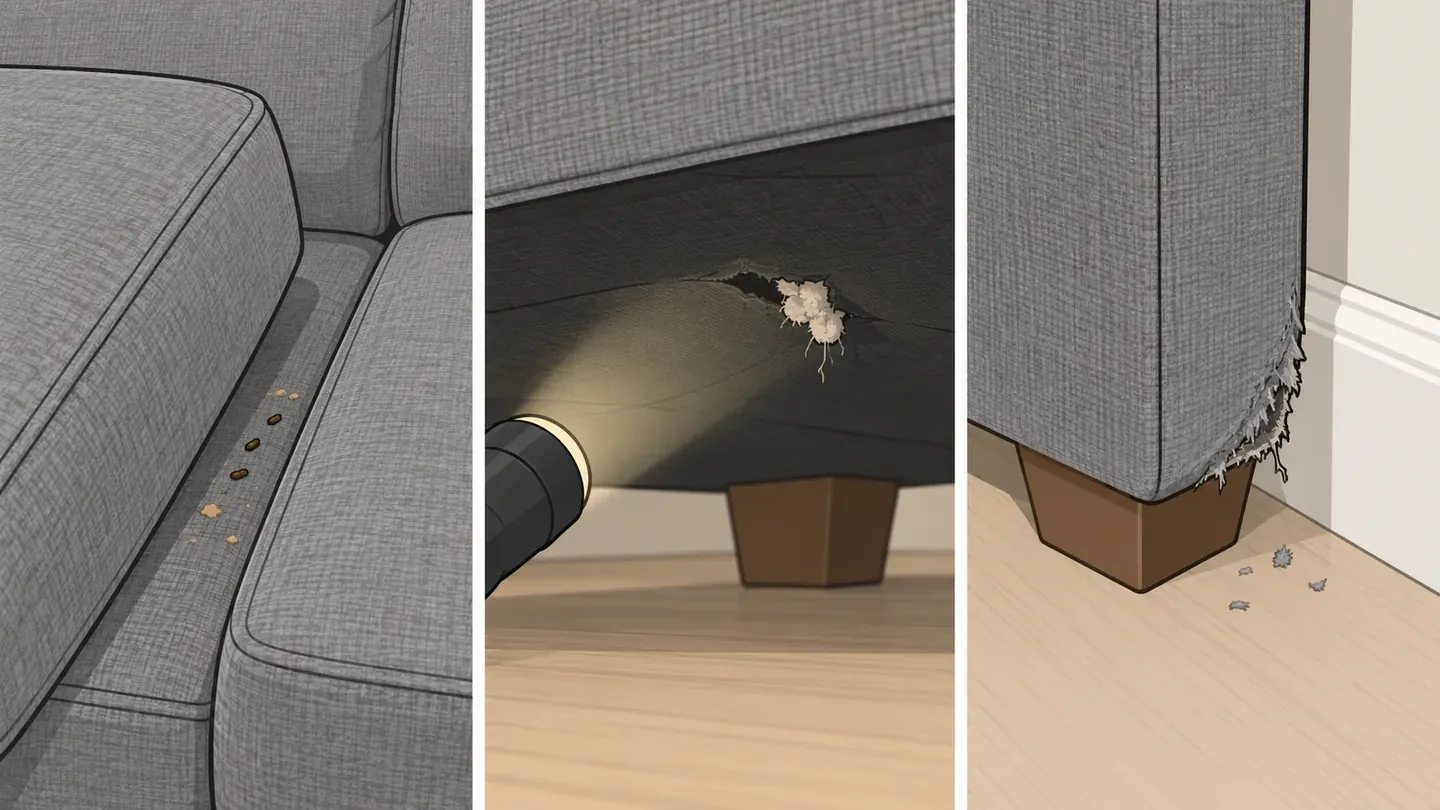 Three panels: tiny droppings in the crease between two seat cushions, shredded stuffing poking out of a hole under a couch, and a chewed fabric corner at the back of a sofa