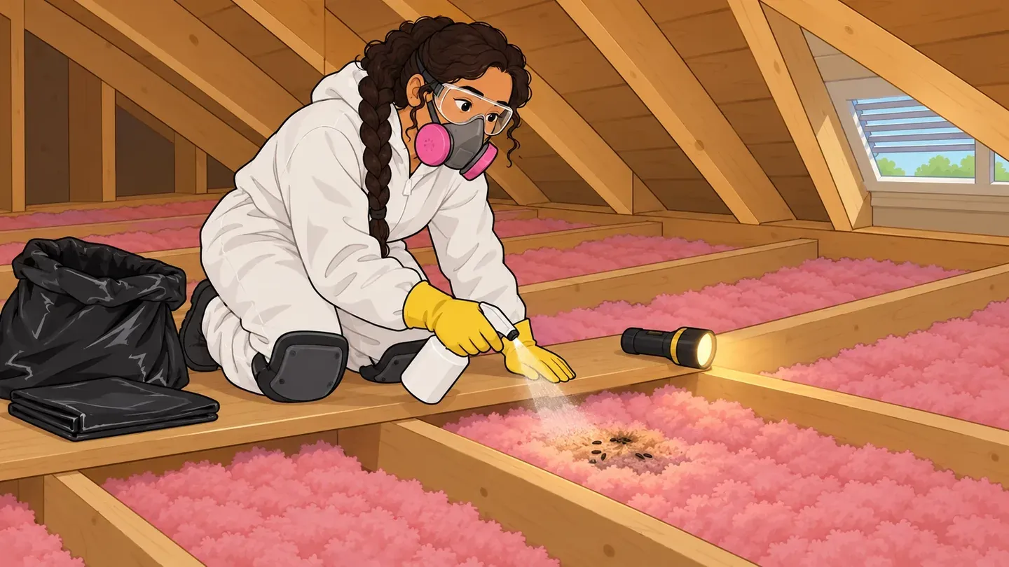 A woman in a white coverall, goggles, respirator and yellow gloves kneels on a plank across attic joists and sprays a small patch of mouse-soiled insulation before bagging it