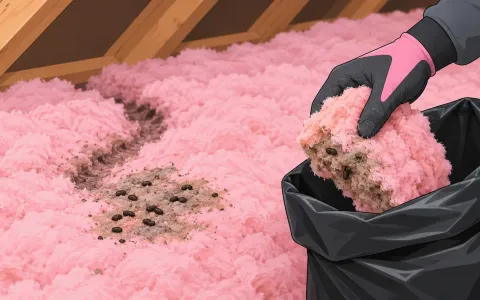 Illustration: close-up of attic fiberglass insulation with a small soiled patch, mouse droppings and a runway tunnel, a person's gloved hand placing the patch into a contractor bag.