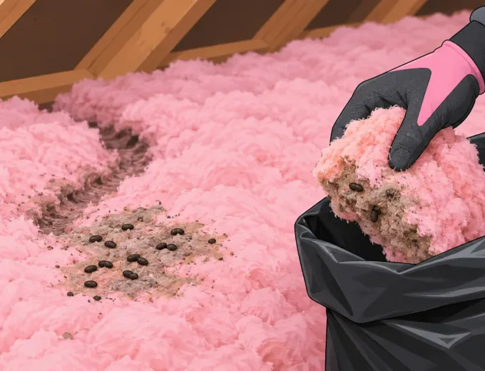 Soiled attic insulation being bagged by a gloved hand