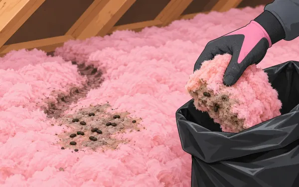 Illustration: close-up of attic fiberglass insulation with a small soiled patch, mouse droppings and a runway tunnel, a person's gloved hand placing the patch into a contractor bag.