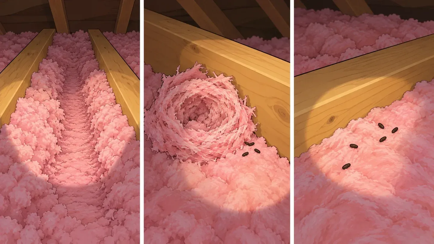 Signs of mice in insulation, in three flashlit panels: a tunnel-like trail through loose fill, a nest of shredded pink fiberglass tucked against a joist, and tiny dark droppings on top beside a joist