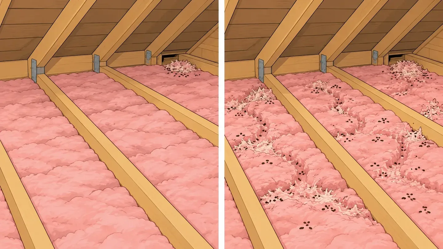 Two panels of the same attic: on the left, droppings and a nest only in one corner near the eaves with clean insulation elsewhere; on the right, droppings and trails spread across the insulation in most of the attic
