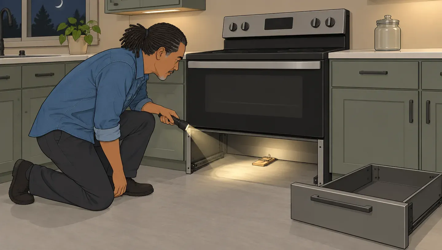 A man kneels at a range with the drawer pulled out, shining a flashlight underneath