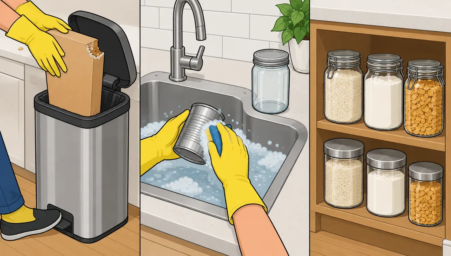 Gloved hands drop a chewed cereal box into a lidded trash can beside canned goods being washed and glass jars of food