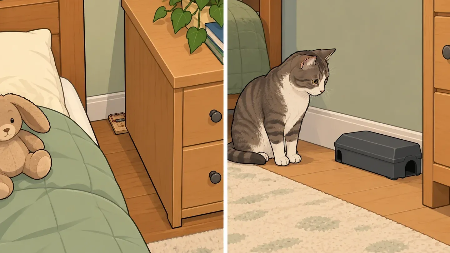 Two panels: a snap trap hidden behind a dresser in a child's bedroom, and a closed trap station along a baseboard with a cat nearby that can't reach in