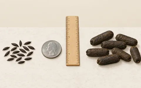 Illustration: clean side-by-side comparison on a light countertop: left, small rice-size mouse droppings with pointed ends; right, larger capsule-shaped rat droppings; a coin and a ruler between them for scale.