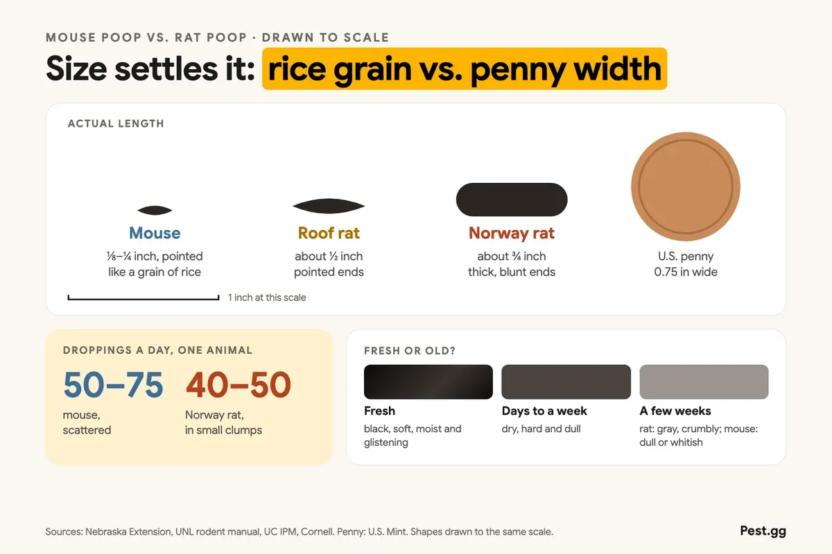 Infographic, drawn to scale: a mouse dropping is ⅛ to ¼ inch with pointed ends, like a grain of rice; a roof rat dropping about ½ inch with pointed ends; a Norway rat dropping about ¾ inch, thick with blunt ends, about as long as a penny is wide. One mouse leaves 50 to 75 droppings a day, scattered; a Norway rat 40 to 50, in small clumps. Fresh droppings are black, soft and glistening; after days to a week dry, hard and dull; after a few weeks rat droppings turn gray and crumbly and mouse droppings dull or whitish